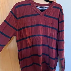 Tommy Hilfiger Men's Burgundy and Navy Striped V-Neck Sweater